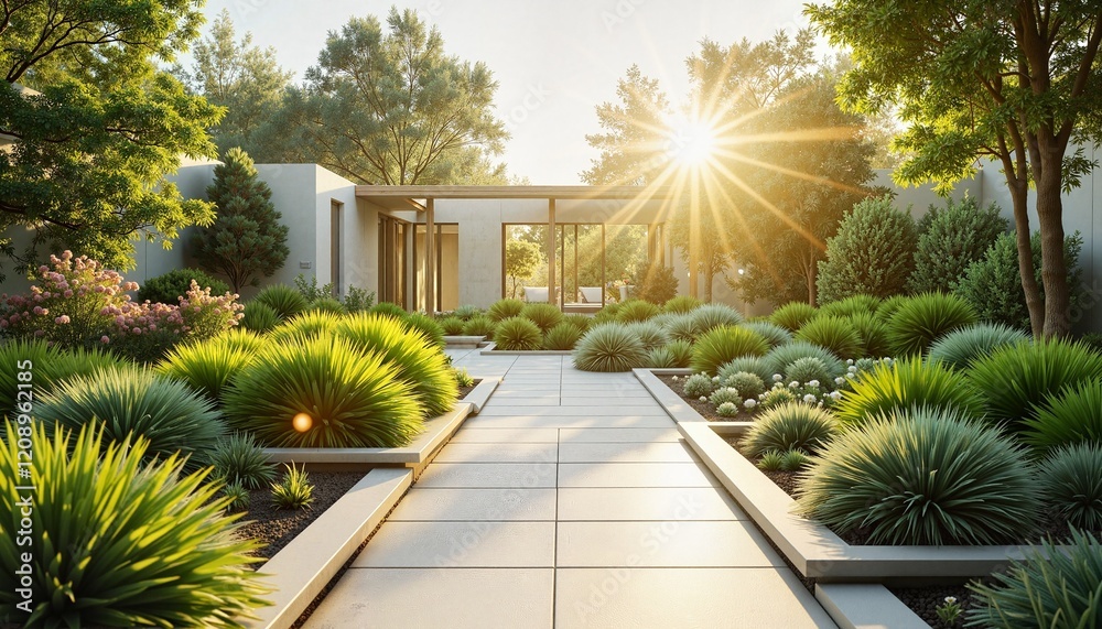 Obraz premium Stunning Modern House Surrounded by a Lush Green Garden Bathed in Bright Sunlight and Flowers