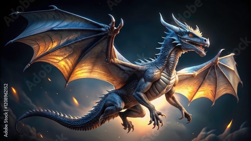 Flying Dragon, Night Photography, Full Body, Close Up, Fantasy Creature,  Digital Art, PNG Image, Mythical Beast