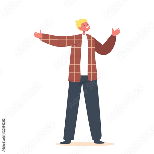 Happy Little Boy Wear Chequered Shirt and Black Trousers Stand with Outstretched Arms. Child Character Smiling
