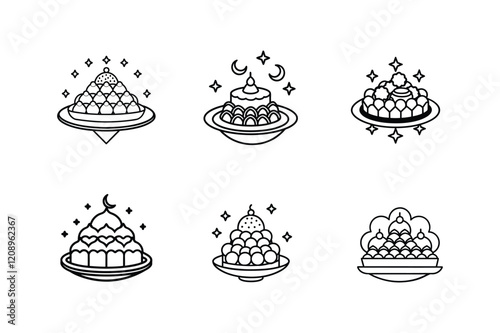 eid dessert plate icon line art vector illustration