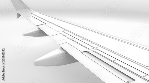 A detailed shot of an airplane's wing, showcasing the flaps, ailerons, and winglets, isolated on a seamless white background