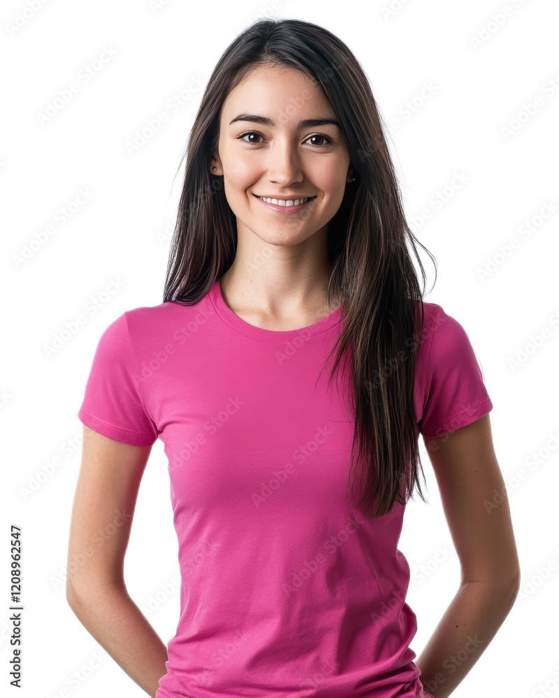 Confident and Charming Young Woman Smiling in a Pink Shirt Against a Plain Background Confident and Charming Young Woman Smiling in a Pink Shirt Against a Plain Background