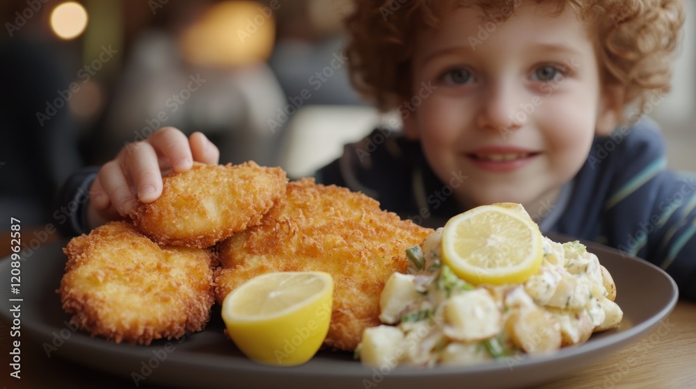 A Happy Child Enjoying Crispy Fried Fish with Potato Salad A Happy Child Enjoying Crispy Fried Fish with Potato Salad