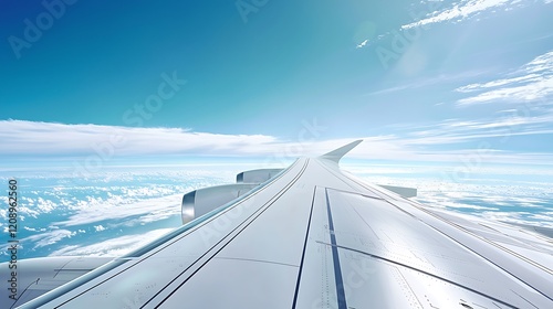 A precise focus on the wing of an aircraft, capturing the details of the aileron and wing joint, set against a bright white backdrop