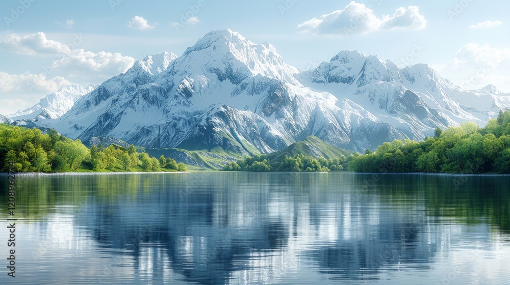Snow-capped mountains reflected in a still lake with green trees lining the shore. AI generative. . Snow-capped mountains reflected in a still lake with green trees lining the shore. AI generative. .