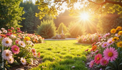 A Beautiful and Vibrant Garden Filled with Colorful Flowers and Lush Green Grass Under the Sunshine