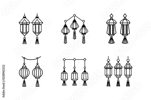 lantern with tassels line art vector illustration