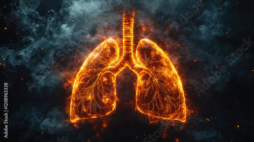 Burning lungs engulfed in smoke and fire, representing respiratory illness or damage.