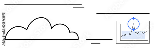 Cloud with data analysis graph and focus marker. Ideal for cloud computing, analytics, growth, data metrics, technology trends, digital strategy, abstract line flat metaphor
