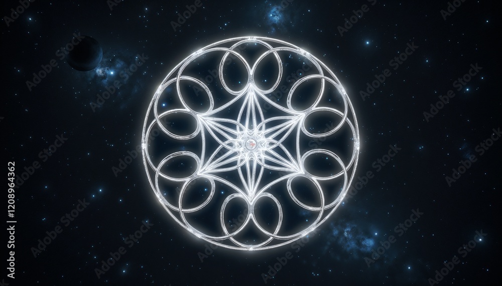 Cosmic flower of life pattern with glowing white lines, deep space background, spiritual energy
