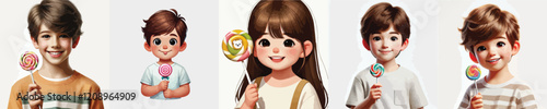 set of vector characters of little children holding lollipops