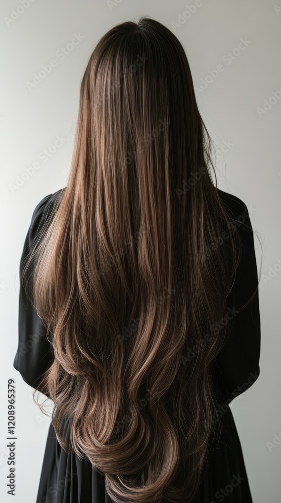 Naklejka premium Back view of a girl with beautiful wavy brown hair.