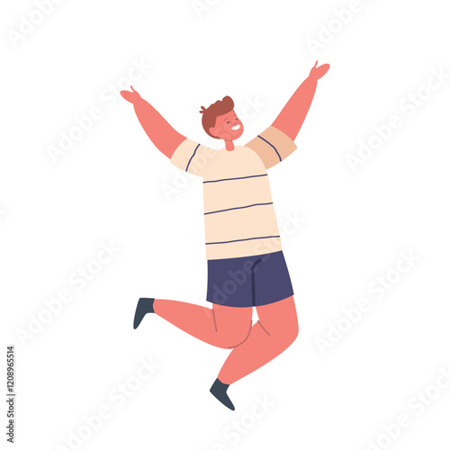 Happy Boy Character. Joyful Young Lad Leaps With Elation, His Face Beaming With Pure Happiness And Freedom