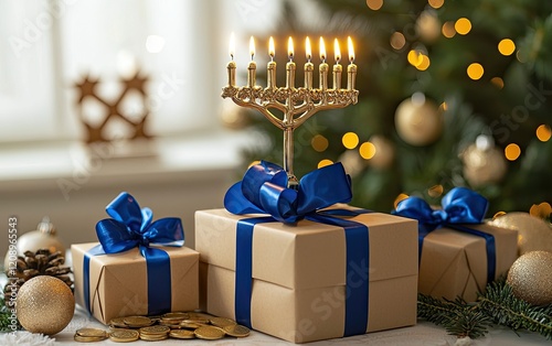 A Menorah sits atop gifts for Hanukkah celebration photo