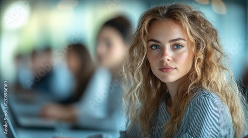 Wallpaper Mural Focused Hispanic Woman Engaged in Work at Modern Office with Laptops and Colleagues Torontodigital.ca