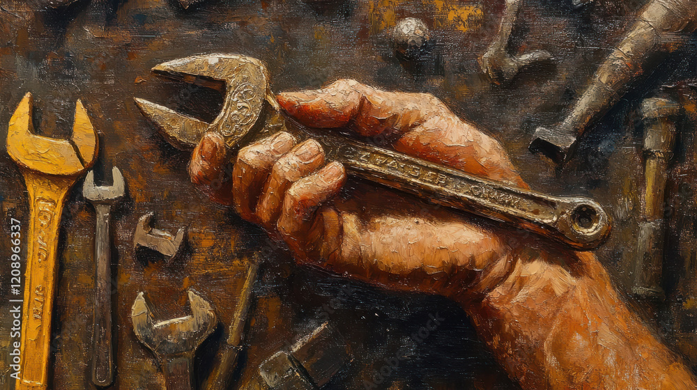 A stylized painting of a rustic hand holding an antique bronze wrench with intricate engravings, set against a textured canvas of a sunlit workshop filled with vintage tools. The hand is rough and wea A stylized painting of a rustic hand holding an antique bronze wrench with intricate engravings, set against a textured canvas of a sunlit workshop filled with vintage tools. The hand is rough and wea
