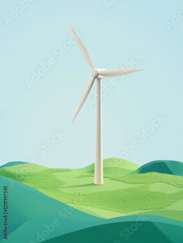 3D illustration of a single windmill on rolling green hills illustrsating renewable energy