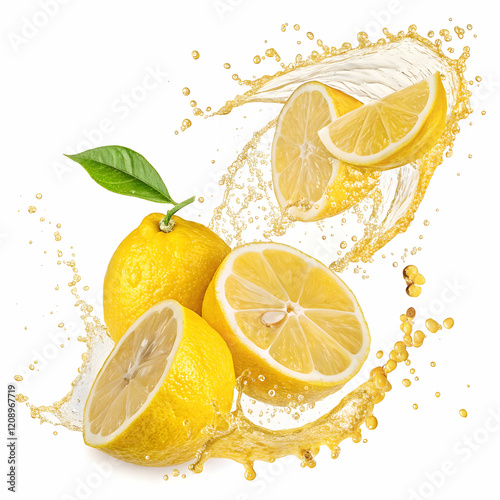 Fresh zesty lemons bursting with flavor, splashed to perfection on a crisp white background