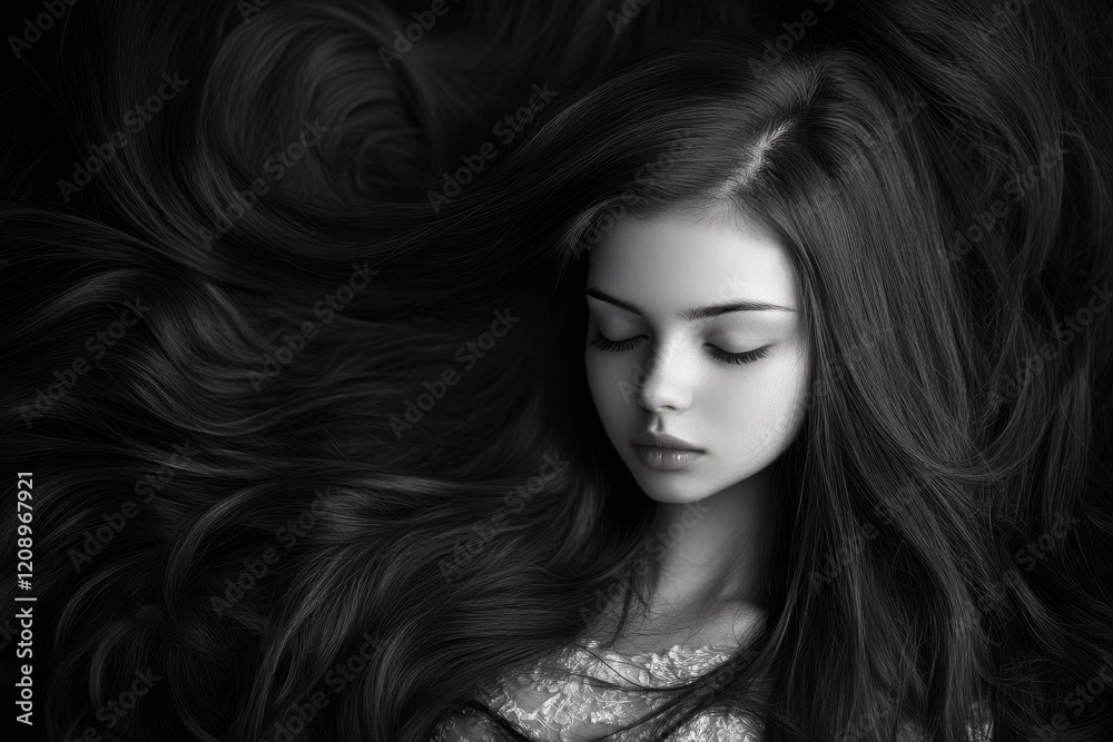 Naklejka premium A girl with beautiful very long brown hair.