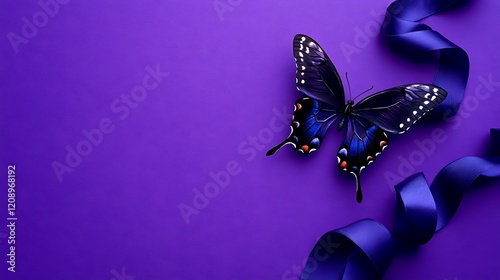 Alone ribbon twist with butterfly leverage on a vivid purple backdrop photo