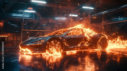 An electric automobile in a fireproof cage in an intense scene