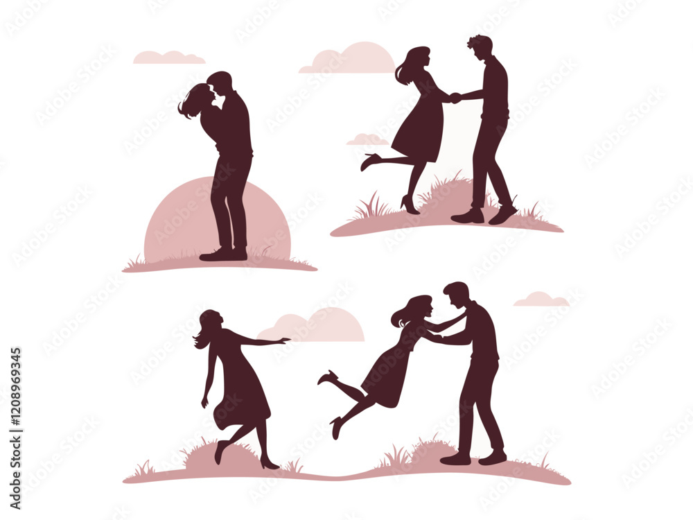 Obraz premium Couple Falling in Love Different Way Silhouette. Couple in Love Silhouette Art | Romantic Couple Silhouette in Different Loving Poses