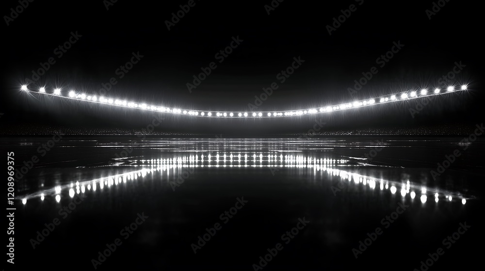 Fototapeta premium Night Lightscape: Stadium Lights Reflecting on a Dark, Still Surface