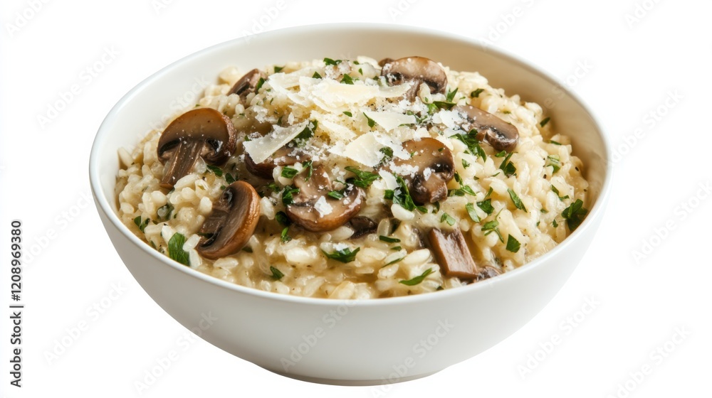 A bowl of creamy mushroom risotto with Arborio rice, mushrooms, Parmesan cheese A bowl of creamy mushroom risotto with Arborio rice, mushrooms, Parmesan cheese