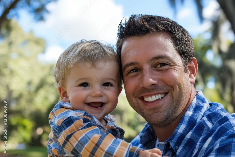 Happy father and toddler son outdoors. Perfect for family, love, and parenting themes.