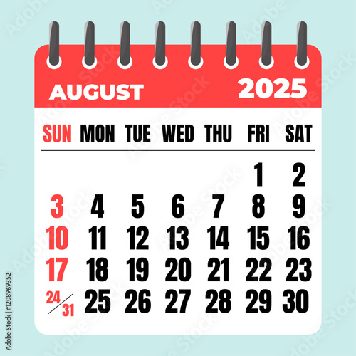 August 2025 Calendar. Desk Calendar 2025, Template Minimalist Calendar with Flat Design