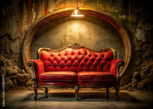 Low Light Photography: Elegant Red Vintage Sofa, Ornate Wooden Frame, Tube Well Water Setting photo