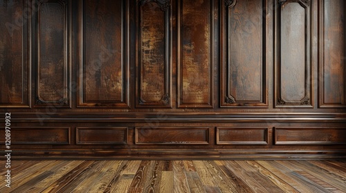 Dark wood paneling with ornate trim and matching wood floor. AI generative. .