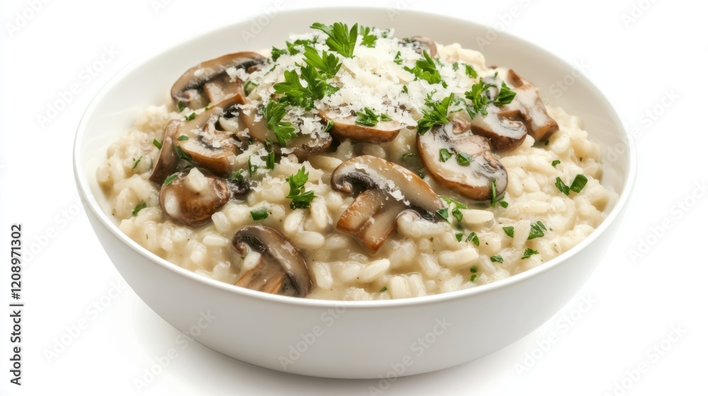 A bowl of creamy mushroom risotto with Arborio rice, mushrooms, Parmesan cheese A bowl of creamy mushroom risotto with Arborio rice, mushrooms, Parmesan cheese