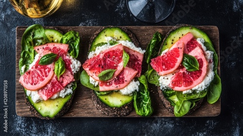 Fresh and Healthy Avocado Toast with Grapefruit Slices and Spinach on Wooden Serving Board Surrounded by Beverages and Elegant Background photo