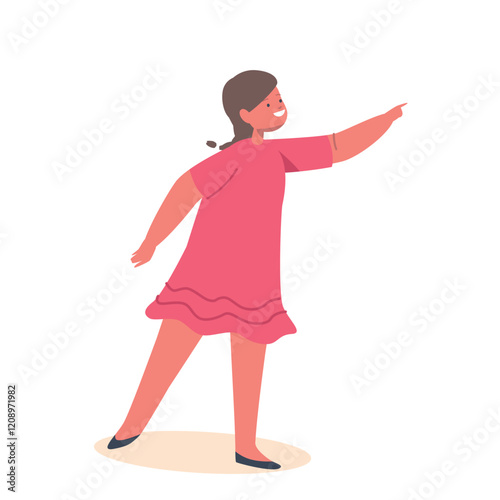 Kids Childhood Concept. Little Girl in Red Dress with Pigtail Hairstyle Pointing with Finger on Something Interesting