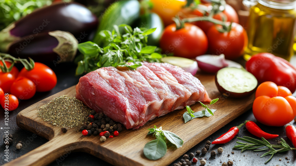 Raw Pork Ribs with Fresh Vegetables and Spices on Wooden Cutting Board Raw Pork Ribs with Fresh Vegetables and Spices on Wooden Cutting Board