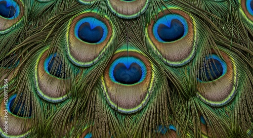 A vibrant close-up of peacock feathers, showcasing their intricate patterns, rich colors, and shimmering iridescent hues of green, blue, and gold. photo