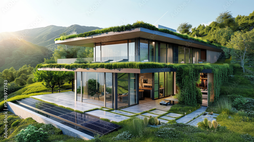 Obraz premium Modern eco friendly house with green roof and solar panels, surrounded by nature. This stunning architecture blends seamlessly with landscape, showcasing sustainable living
