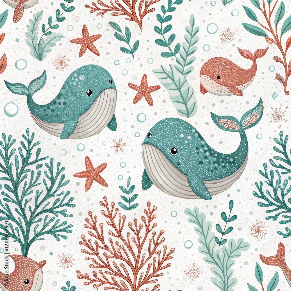 Obraz premium Adorable Whales Coral Reef and Sea Plants Cute Underwater Seamless Pattern