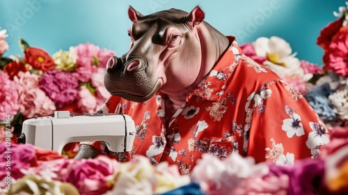 Humorous Hippo in Floral Shirt Sewing Among Vibrant Flowers, Showcasing a Unique Blend of Nature and Craft in a Playful, Colorful Setting photo