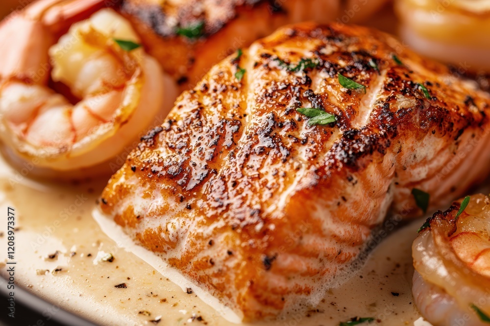 Seared Salmon with Shrimp and Creamy Sauce. An Elegant Seafood Dinner Seared Salmon with Shrimp and Creamy Sauce. An Elegant Seafood Dinner