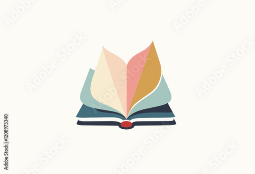 Simple Library Logo Design: Book Turning, Golden House Concept, White Background, Pink, Blue, Beige Gradient, Minimalist, Vector, Elegant Style, Clean Art.

