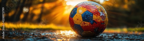 Soccer Ball with Spain Colors and Emblem in Natural Light on Soccer Field Background photo