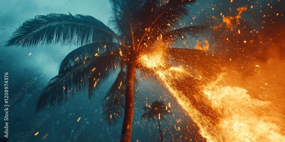 Fototapeta premium A palm tree on fire.