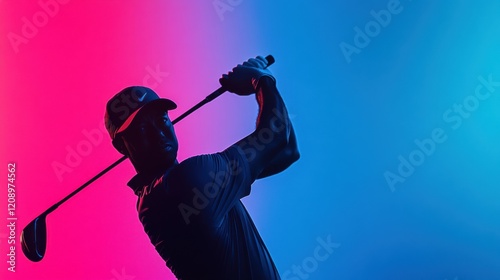 Golfer Silhouette in Neon Light: Dynamic Pose, Powerful Swing