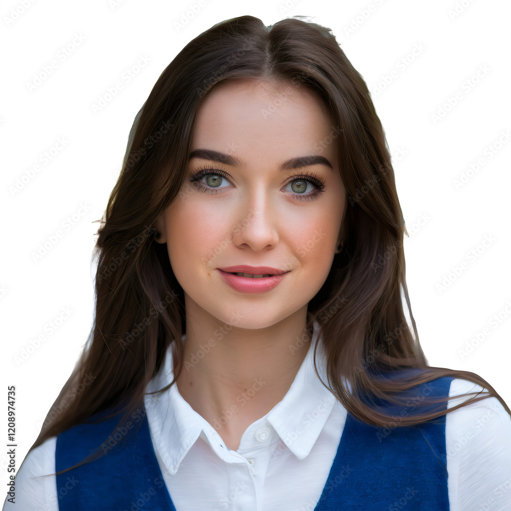 Beautiful Young Woman with Dark Brown Hair and Green Eyes in White Shirt and Blue Vest, isolatedBackground Beautiful Young Woman with Dark Brown Hair and Green Eyes in White Shirt and Blue Vest, isolatedBackground