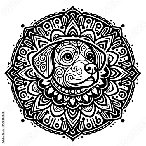 Dog Mandala: A captivating black and white illustration features a Labrador Retriever pup's face encircled by a delicate and intricate mandala pattern, exuding an aura of calmness and tranquility. 