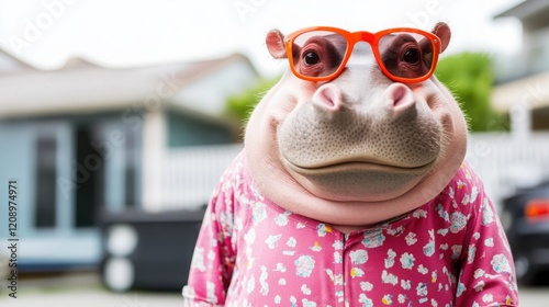 Whimsical Hippo in Colorful Pajamas and Stylish Orange Glasses Standing in a Relaxing Outdoor Setting, Perfect for Fun and Playful Imagery photo