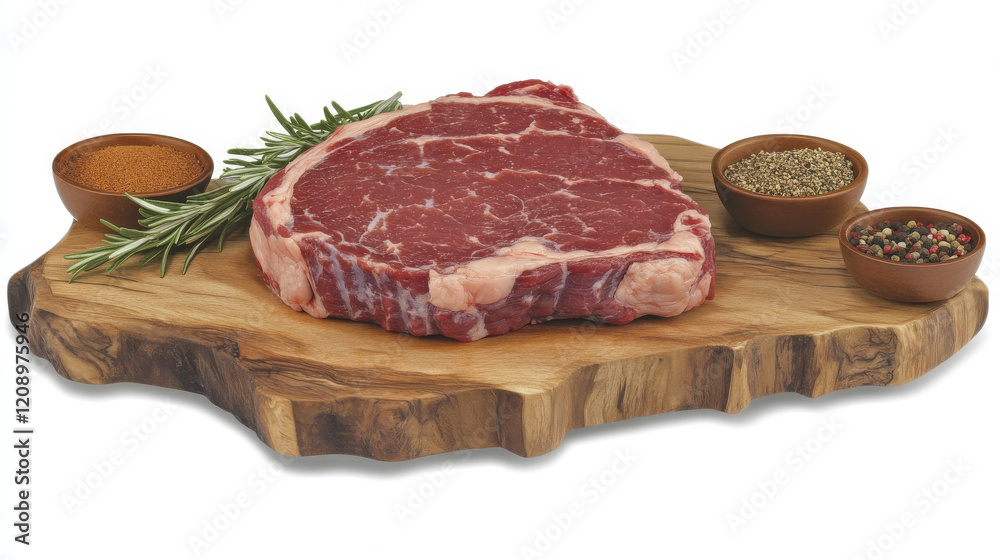 Raw Ribeye Steak on Wooden Cutting Board with Spices and Rosemary Raw Ribeye Steak on Wooden Cutting Board with Spices and Rosemary