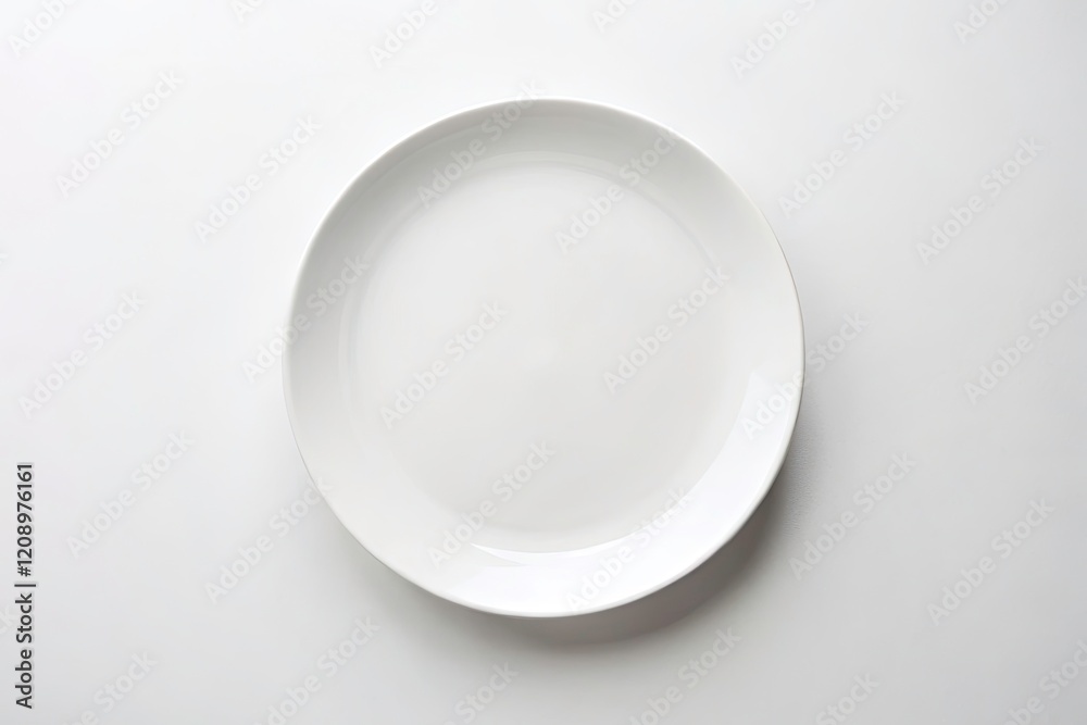 Minimalist White Plate Photography: Top View Empty Dish on White Background Minimalist White Plate Photography: Top View Empty Dish on White Background